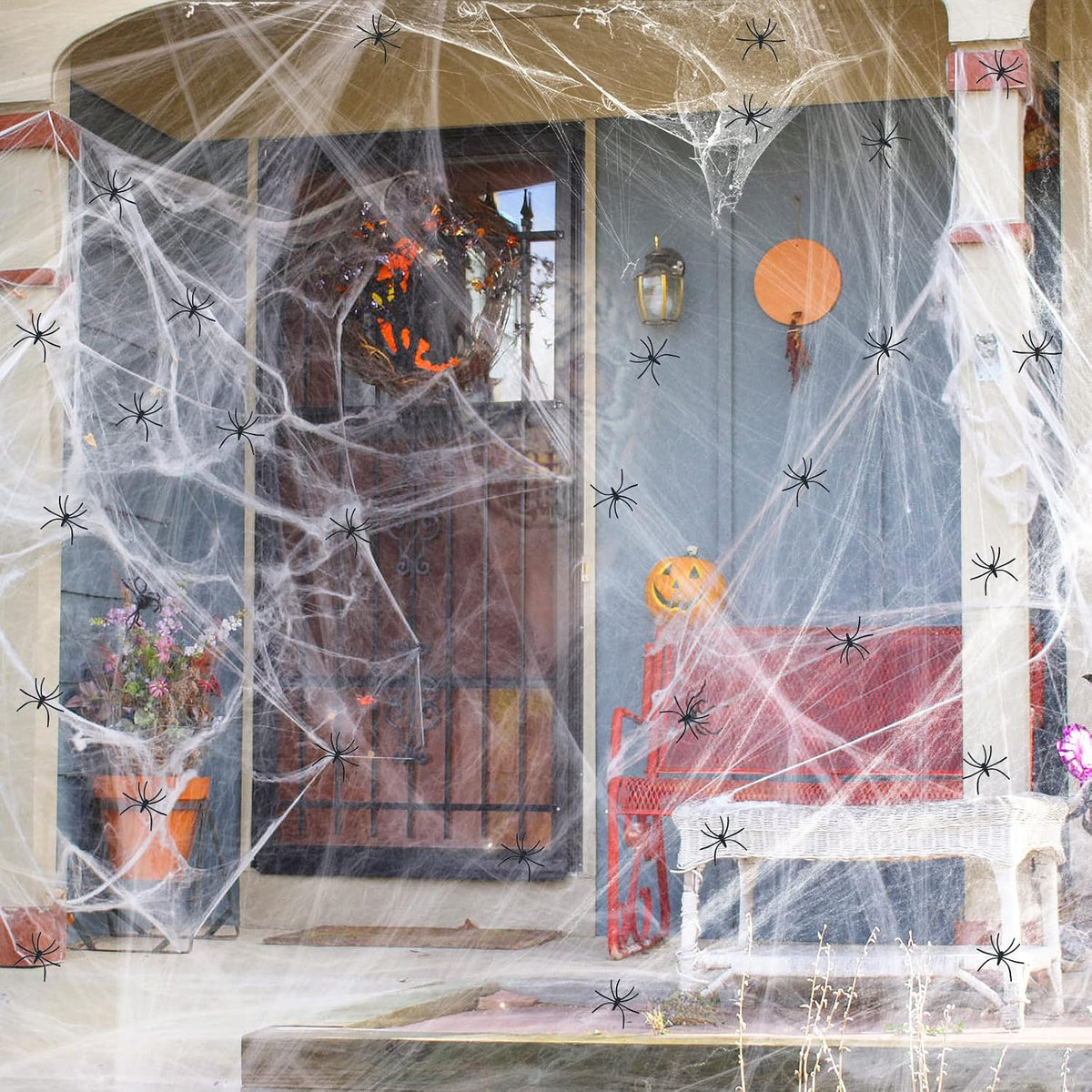 ZPISF 1000 sq ft White Stretch Spider Webs with 30 Fake Spiders 8