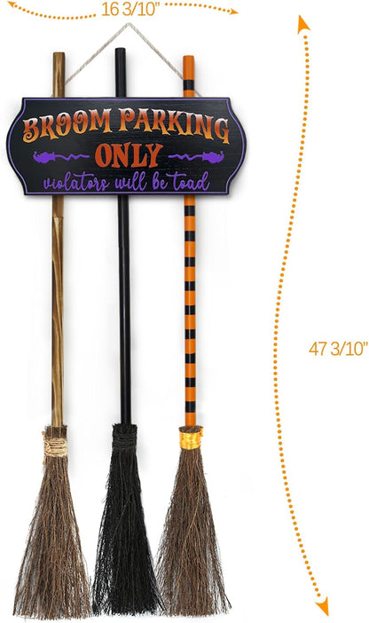 Oriental Cherry Broom Parking Sign with 3 Wooden Witch Brooms 4