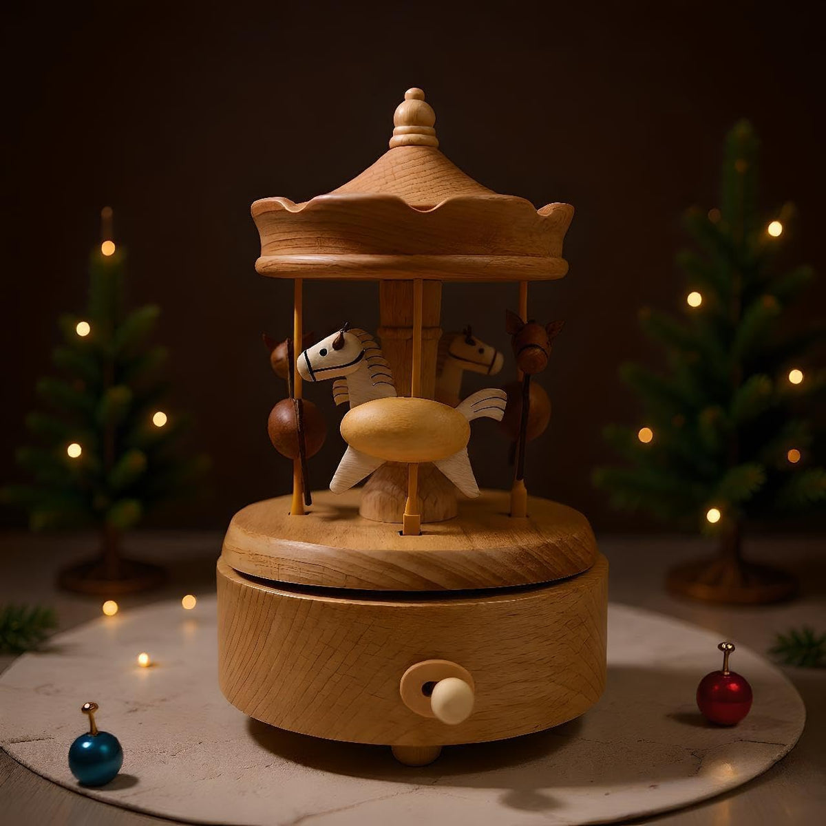 Briskfeel Wooden Carousel Music Box with Rising and Falling Horses 2