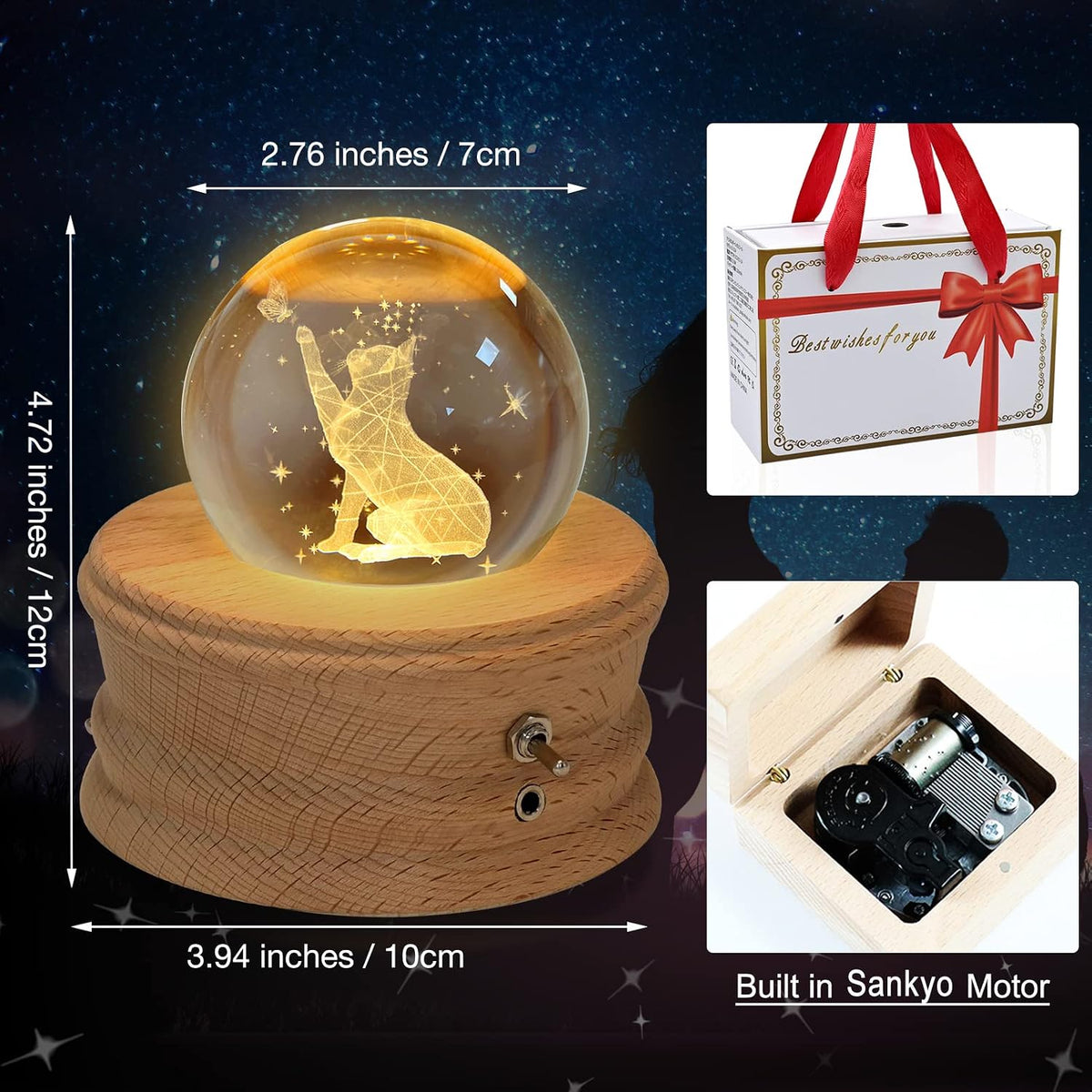 Kibuhain 3D Crystal Ball Music Box, Projection Light, Wood Base 4
