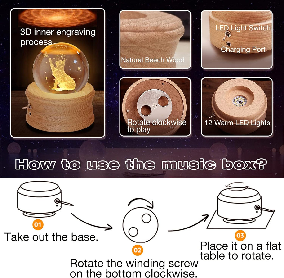 Kibuhain 3D Crystal Ball Music Box, Projection Light, Wood Base 7