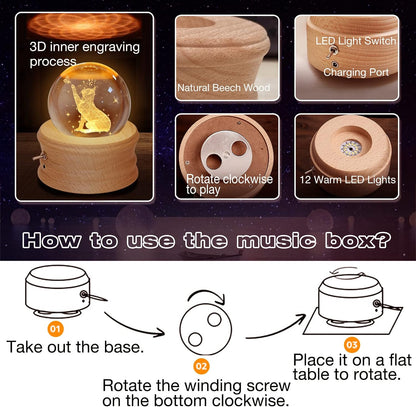 Kibuhain 3D Crystal Ball Music Box, Projection Light, Wood Base 7
