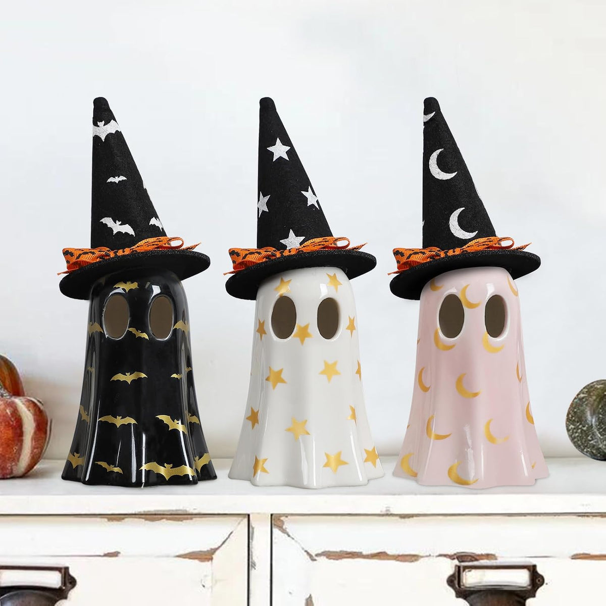 DAZONGE Set of 3 Ceramic Ghost Figurines with Witch Hats 2