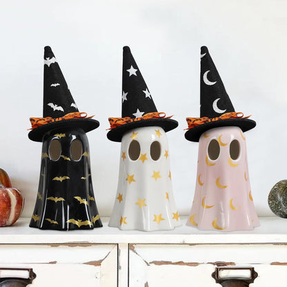 DAZONGE Set of 3 Ceramic Ghost Figurines with Witch Hats 2