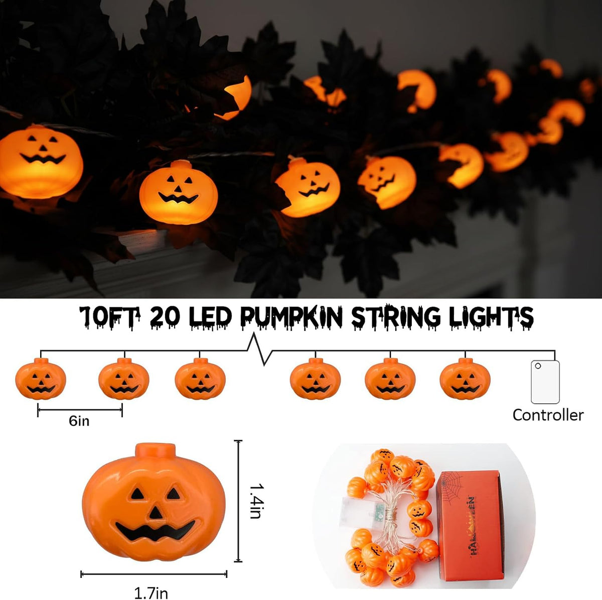 Runleo Halloween Pumpkin String Lights, 20 LED, Battery Operated 5