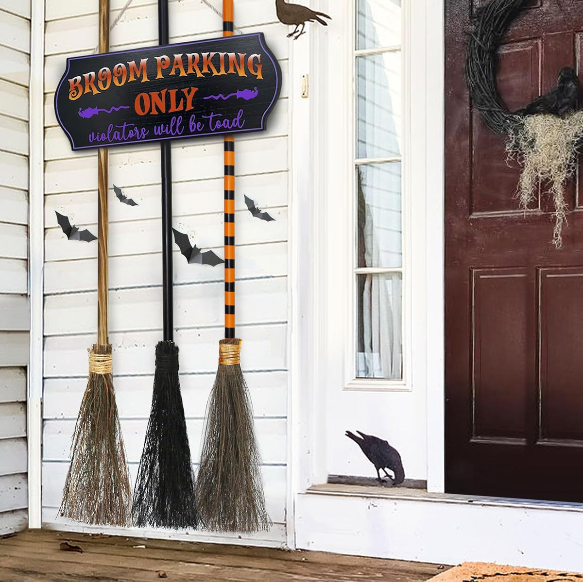 Oriental Cherry Broom Parking Sign with 3 Wooden Witch Brooms 7