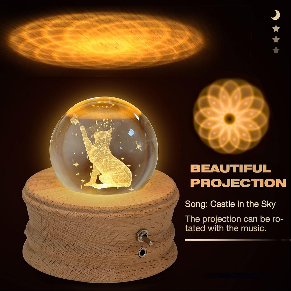 Kibuhain 3D Crystal Ball Music Box, Projection Light, Wood Base 2