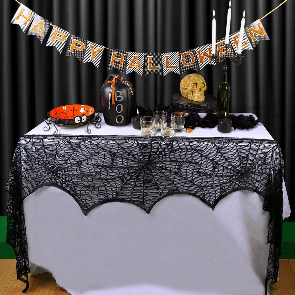 AerWo Black Lace Spiderweb Halloween Mantel Scarf, 18 x 96 in 5