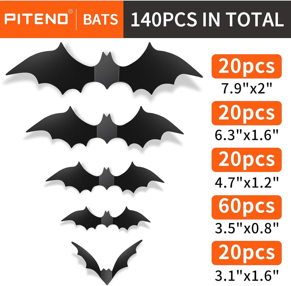 Piteno 140 Black 3D Bat Wall Stickers, Removable Halloween Decor 2