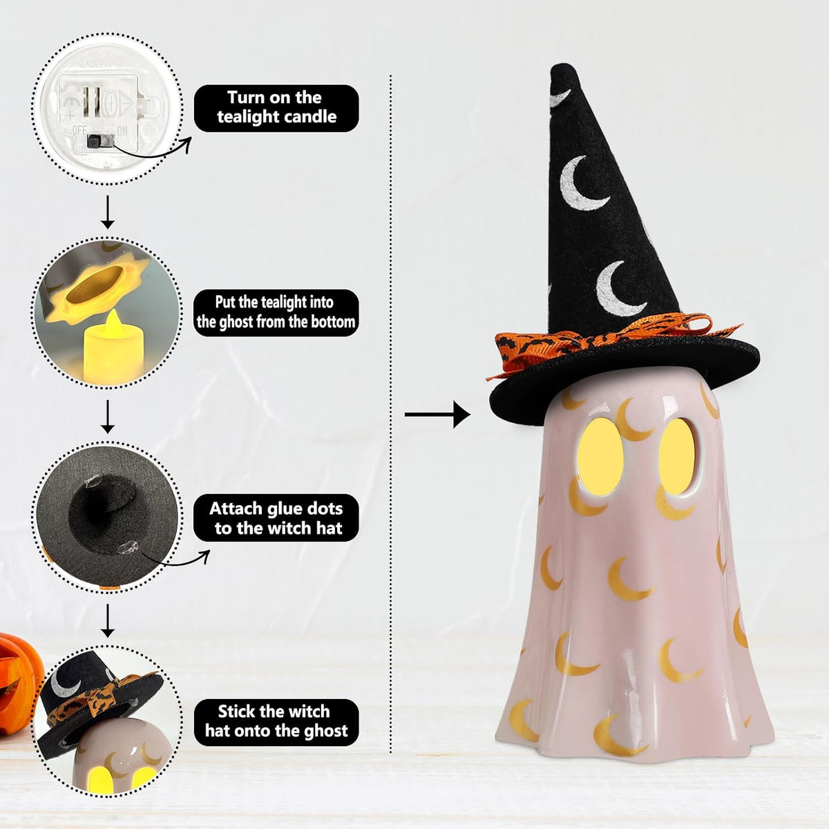 DAZONGE Set of 3 Ceramic Ghost Figurines with Witch Hats 5