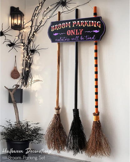 Oriental Cherry Broom Parking Sign with 3 Wooden Witch Brooms 1