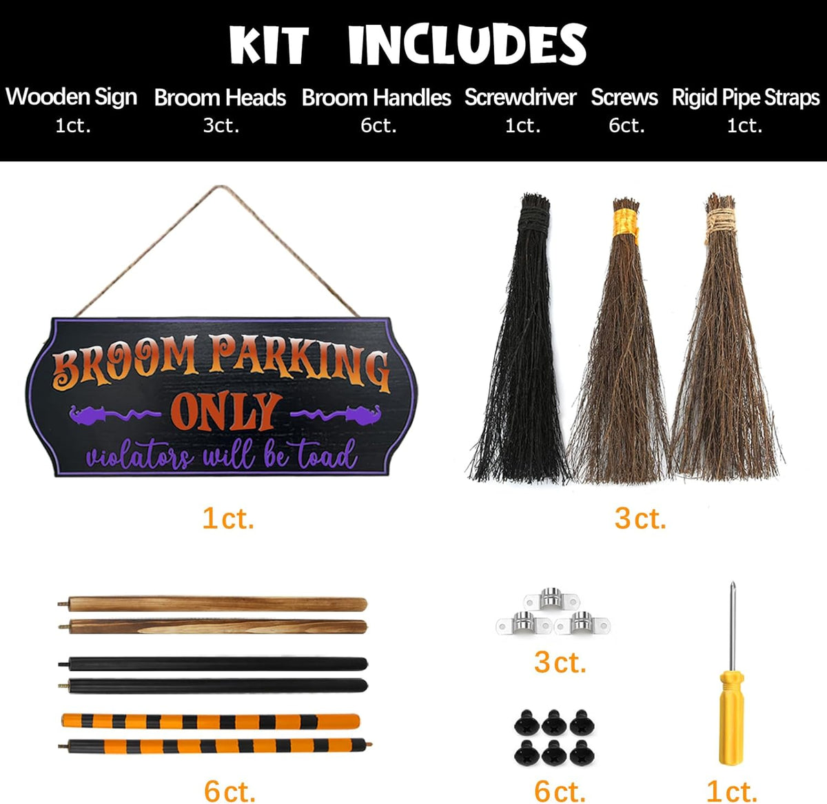 Oriental Cherry Broom Parking Sign with 3 Wooden Witch Brooms 5