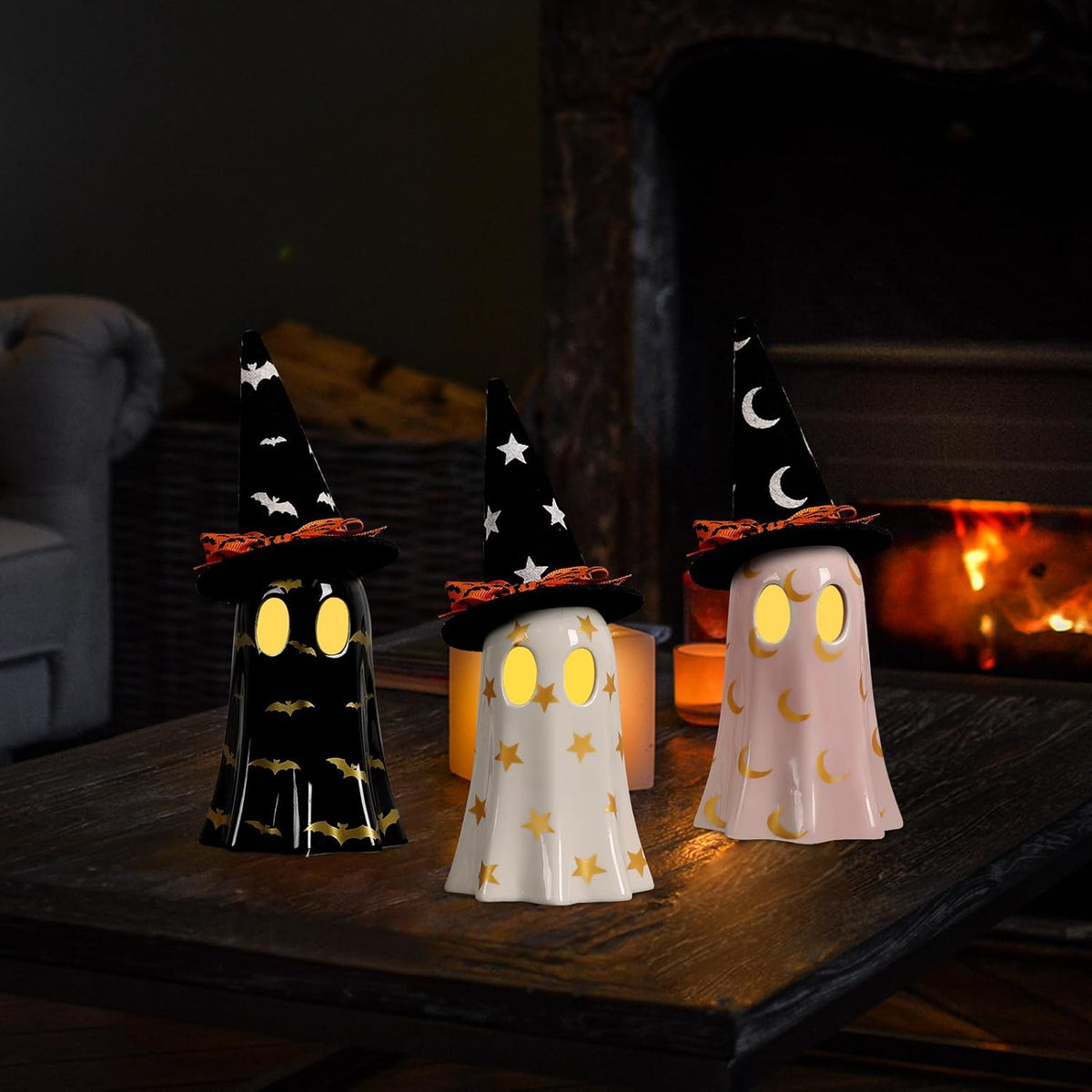 DAZONGE Set of 3 Ceramic Ghost Figurines with Witch Hats 3