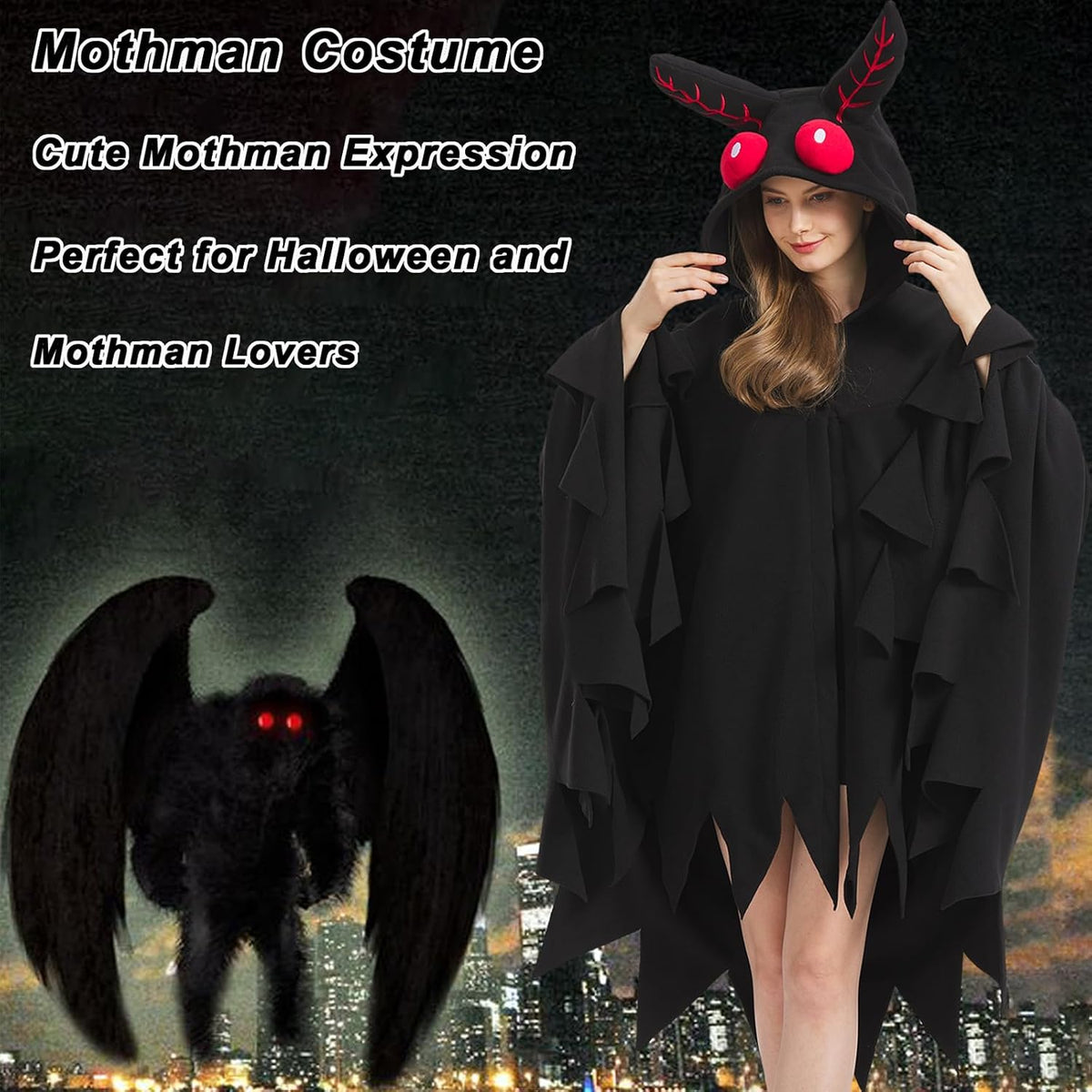 AIYOUYIYA Adult Mothman Costume, Hooded Poncho Cape for Halloween 3