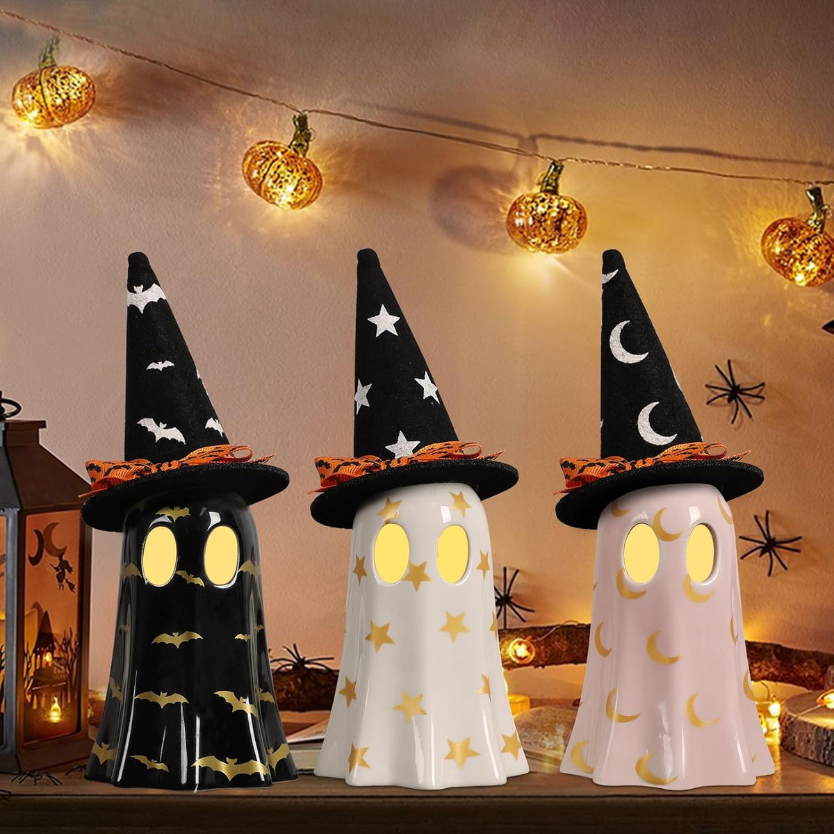DAZONGE Set of 3 Ceramic Ghost Figurines with Witch Hats 1