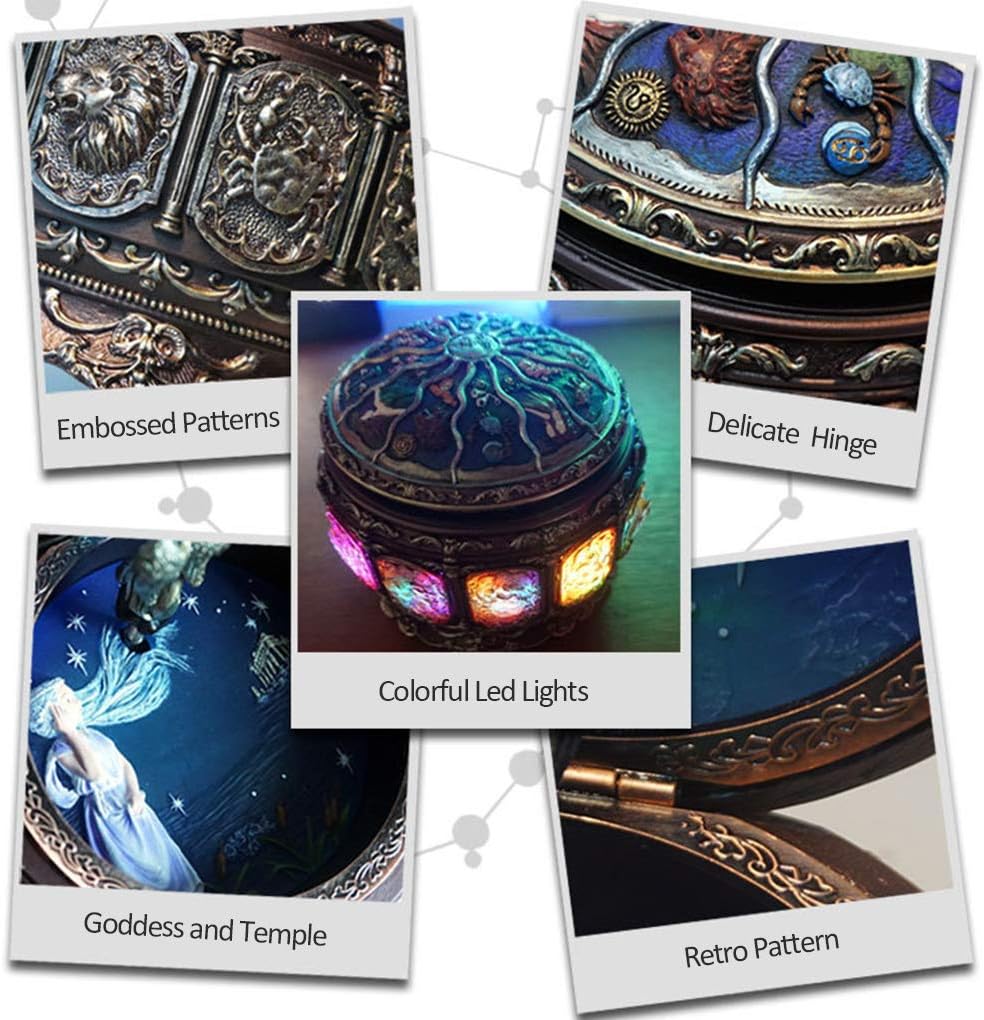 Amperer Vintage Zodiac Music Box with Rotating Goddess and LED Lights 4