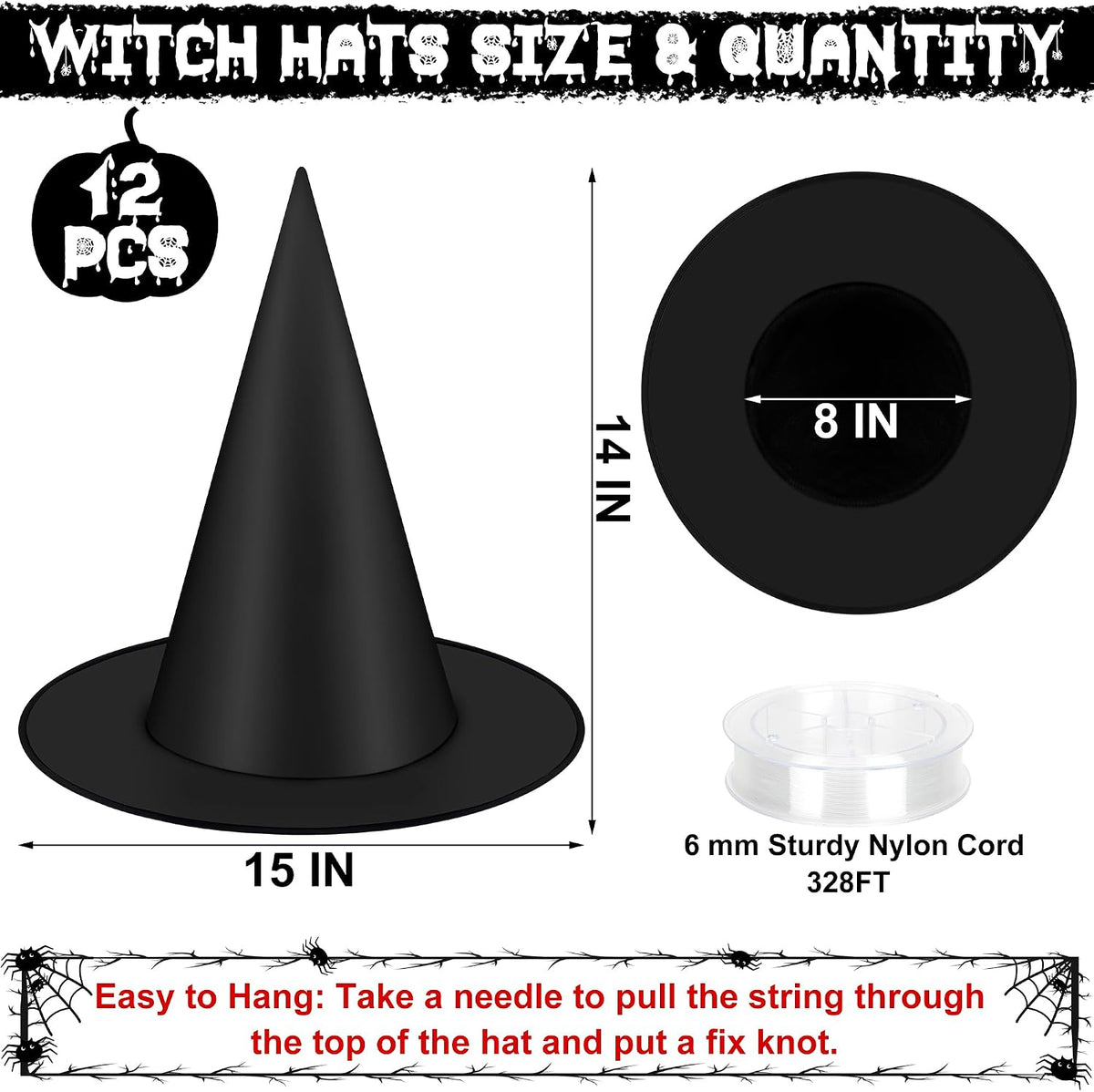 Helimoto 12-Piece Black Hanging Witch Hats with 328 ft Nylon Cord 2