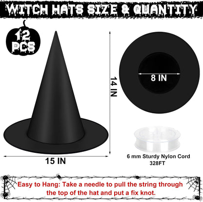 Helimoto 12-Piece Black Hanging Witch Hats with 328 ft Nylon Cord 2