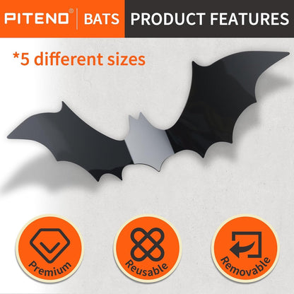 Piteno 140 Black 3D Bat Wall Stickers, Removable Halloween Decor 3