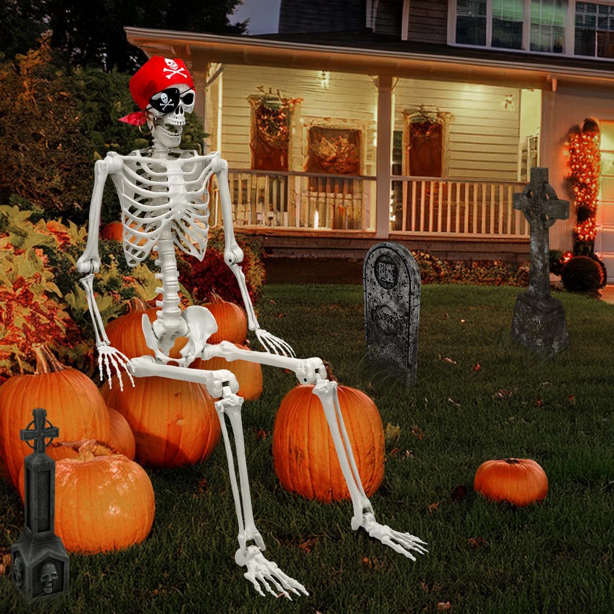 MyoGrip 5.5 ft Posable Skeleton Halloween Prop with Pirate Bandana 3