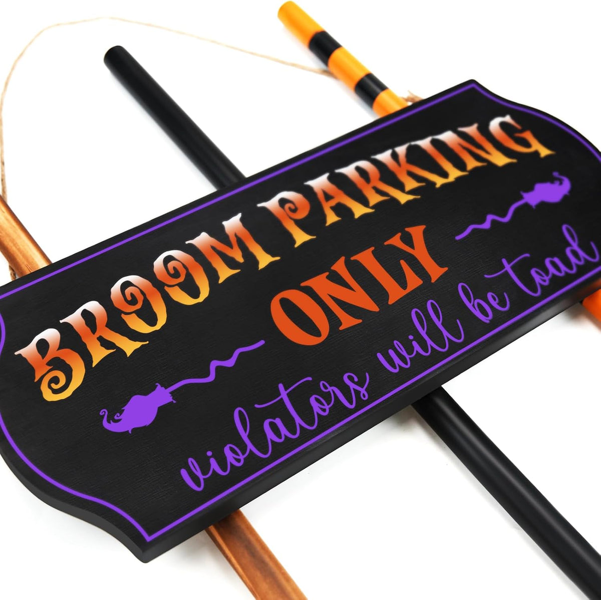 Oriental Cherry Broom Parking Sign with 3 Wooden Witch Brooms 3