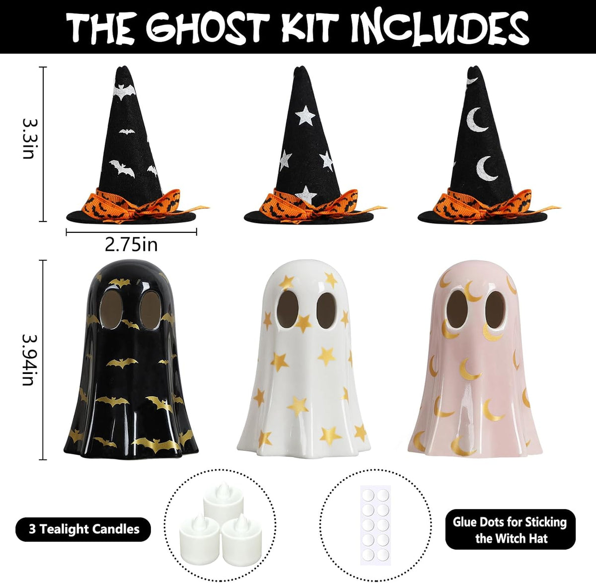 DAZONGE Set of 3 Ceramic Ghost Figurines with Witch Hats 4