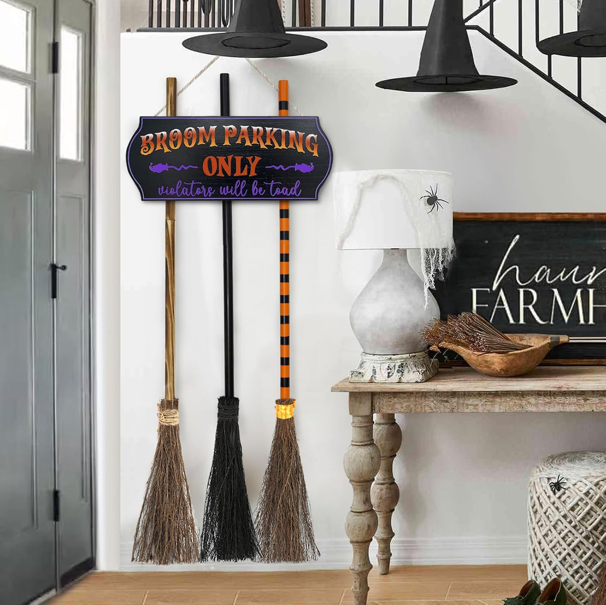 Oriental Cherry Broom Parking Sign with 3 Wooden Witch Brooms 2