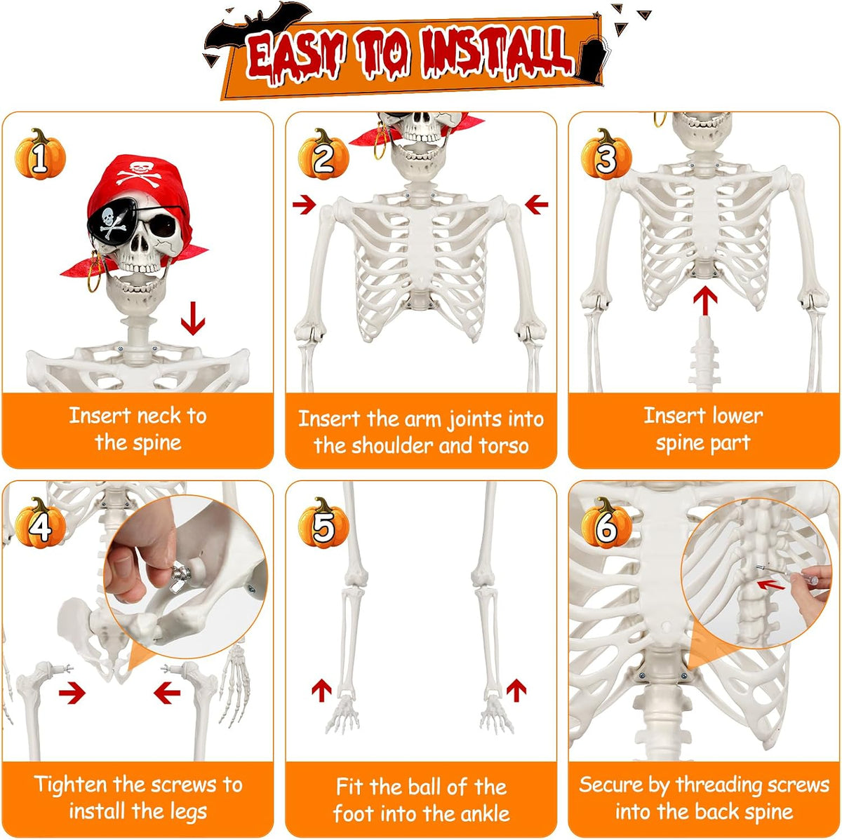 MyoGrip 5.5 ft Posable Skeleton Halloween Prop with Pirate Bandana 7