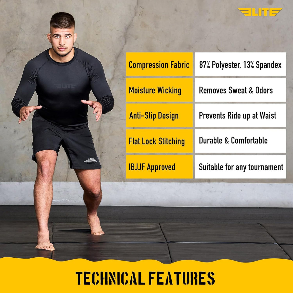Elite Sports Men's Long Sleeve BJJ Rash Guard, Compression No-Gi 6