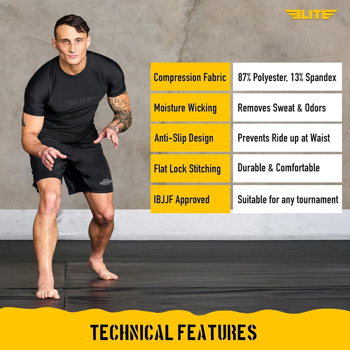 Elite Sports Men's Short Sleeve BJJ Rash Guard, No-Gi Compression 6