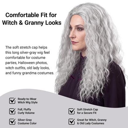 M MISS U HAIR Witch Wig: Long Grey Curly Old Lady Costume Wig 5
