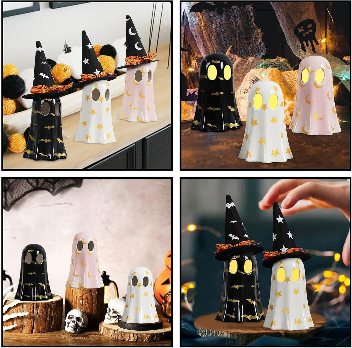 DAZONGE Set of 3 Ceramic Ghost Figurines with Witch Hats 6