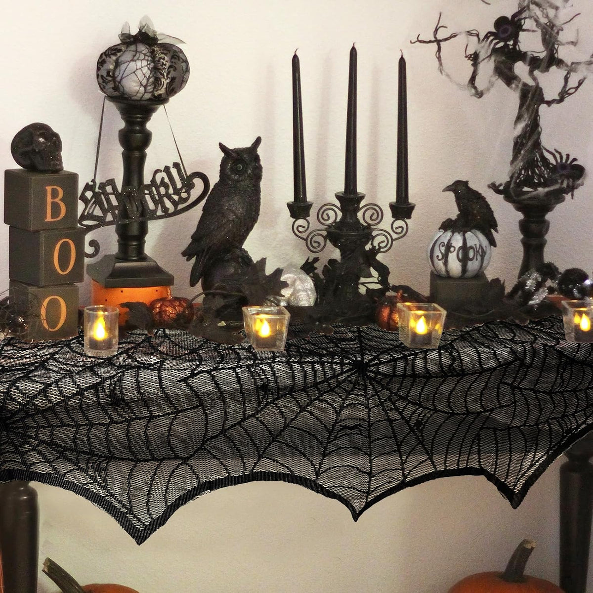 AerWo Black Lace Spiderweb Halloween Mantel Scarf, 18 x 96 in 4