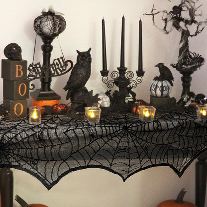 AerWo Black Lace Spiderweb Halloween Mantel Scarf, 18 x 96 in 4