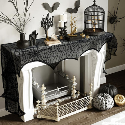 AerWo Black Lace Spiderweb Halloween Mantel Scarf, 18 x 96 in 8