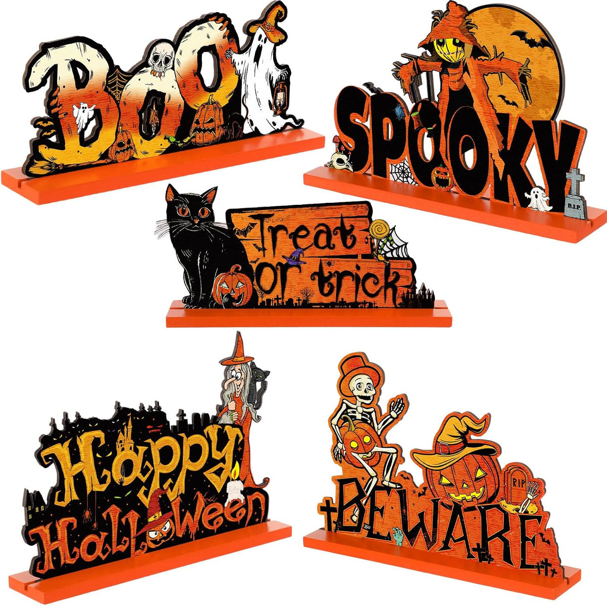 Blulu 3 Wooden Halloween Table Signs: Boo, Treat or Trick 8