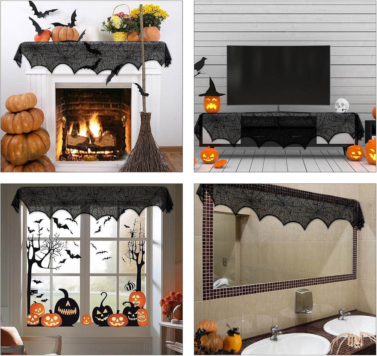 AerWo Black Lace Spiderweb Halloween Mantel Scarf, 18 x 96 in 6