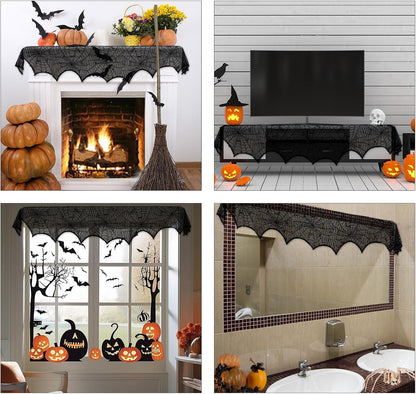 AerWo Black Lace Spiderweb Halloween Mantel Scarf, 18 x 96 in 6