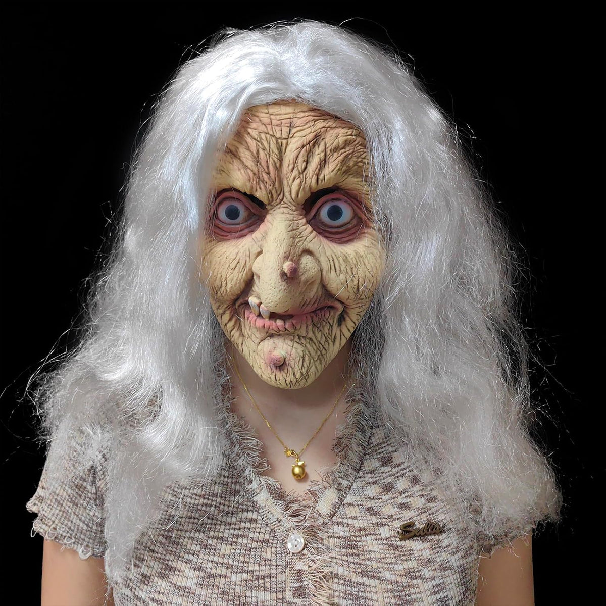 ZDOVLZZPON Old Lady Witch Latex Mask with White Hair for Halloween 5