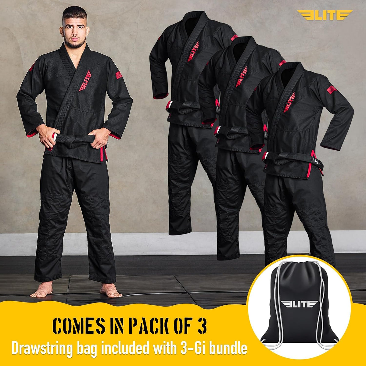 Elite Sports BJJ Gi for Men, Set of 3, IBJJF, Preshrunk, Free Belt 3