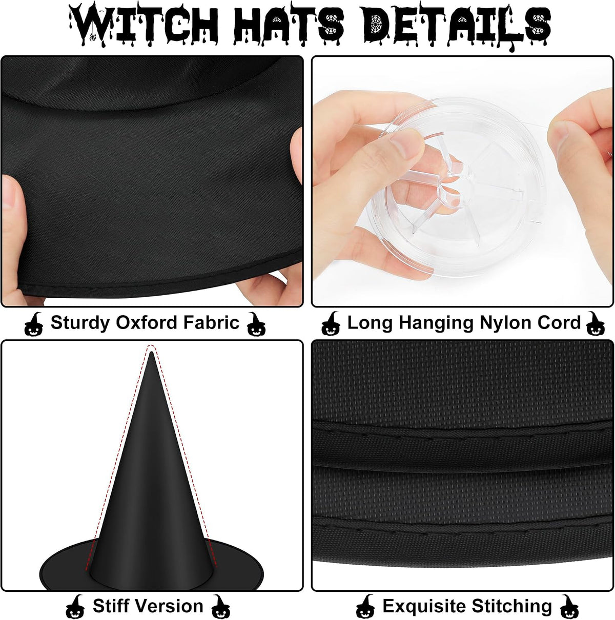 Helimoto 12-Piece Black Hanging Witch Hats with 328 ft Nylon Cord 3