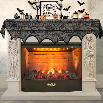 AerWo Black Lace Spiderweb Halloween Mantel Scarf, 18 x 96 in 3