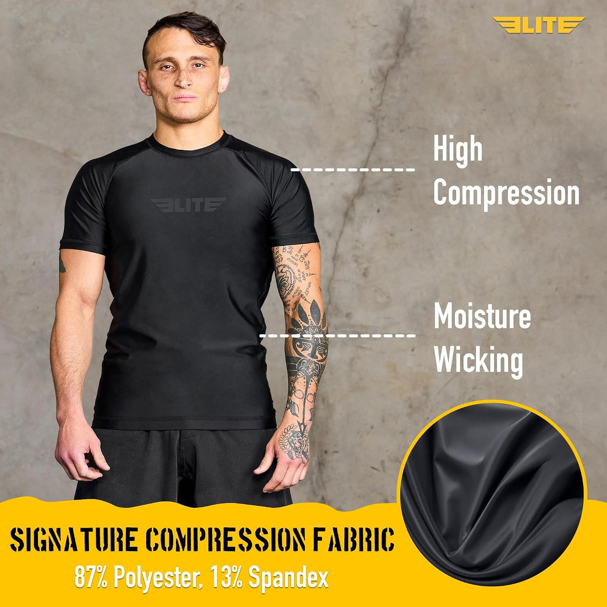 Elite Sports Men's Short Sleeve BJJ Rash Guard, No-Gi Compression 3