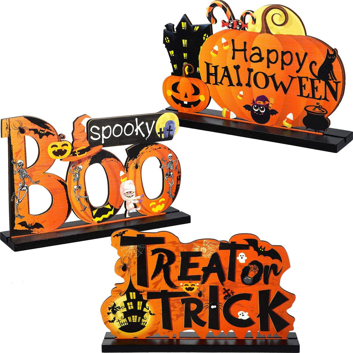 Blulu 3 Wooden Halloween Table Signs: Boo, Treat or Trick 1