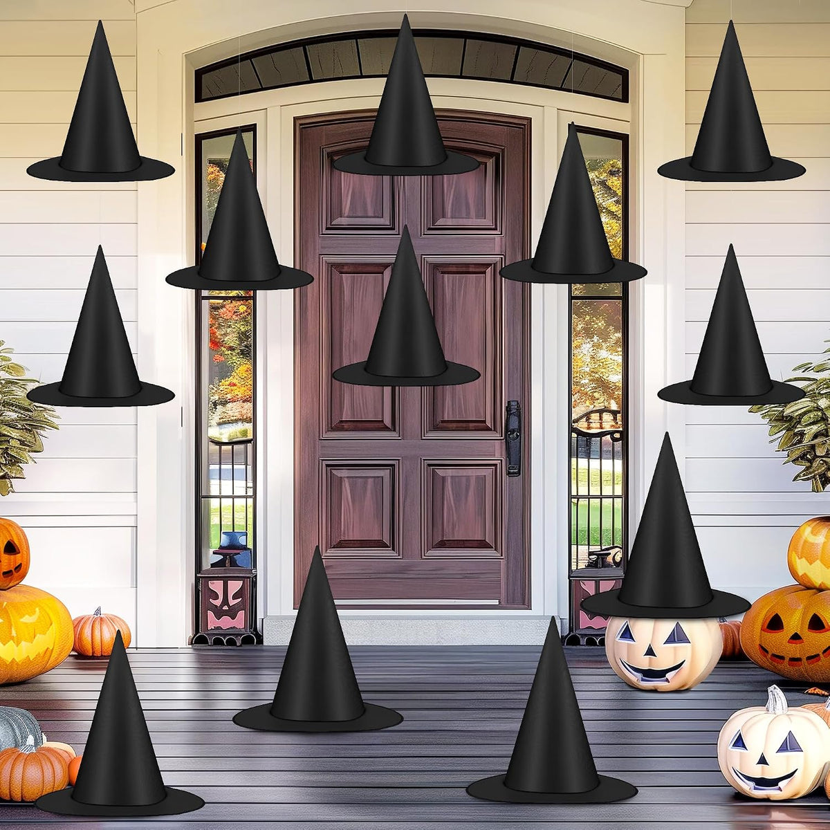 Helimoto 12-Piece Black Hanging Witch Hats with 328 ft Nylon Cord 1