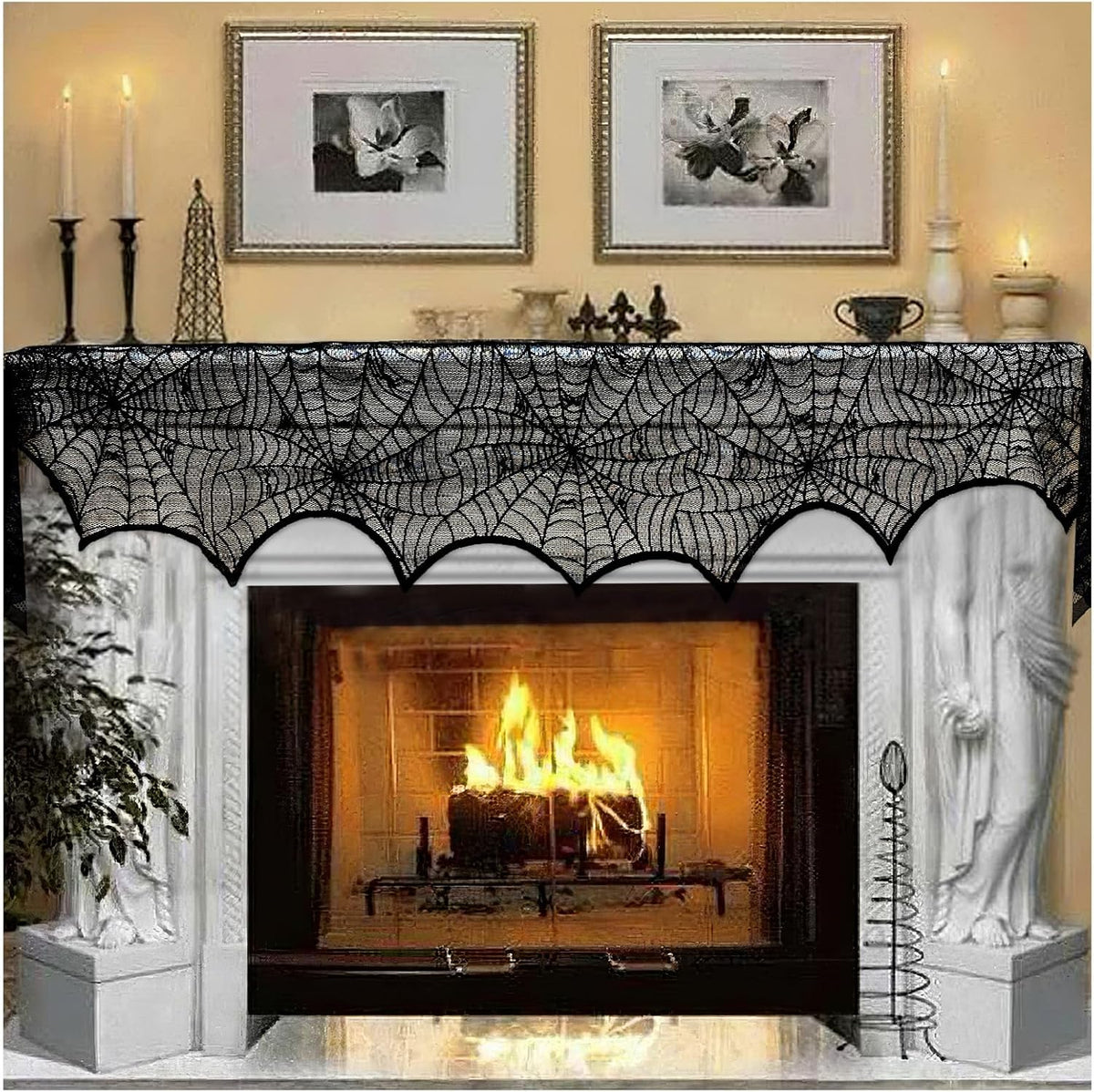AerWo Black Lace Spiderweb Halloween Mantel Scarf, 18 x 96 in 1