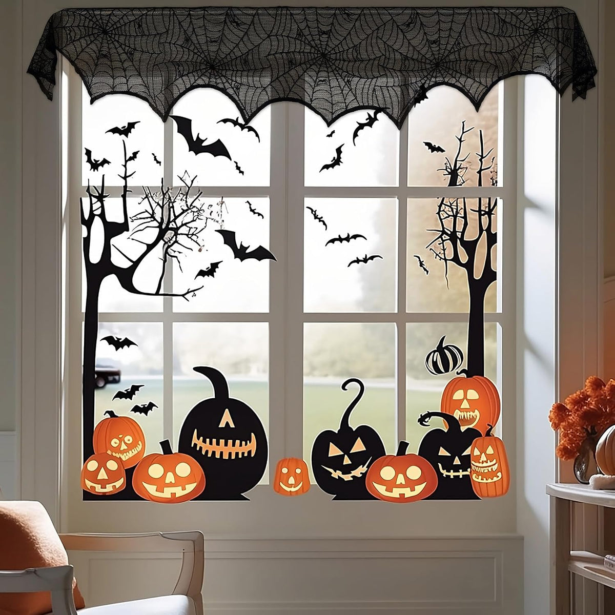AerWo Black Lace Spiderweb Halloween Mantel Scarf, 18 x 96 in 7