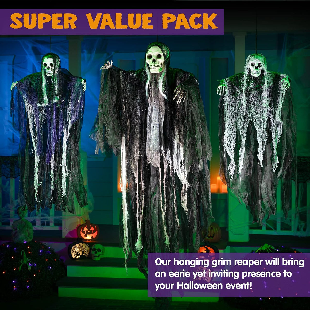 JOYIN 3-Pack Hanging Skeleton Grim Reapers, Halloween Outdoor Decor 2