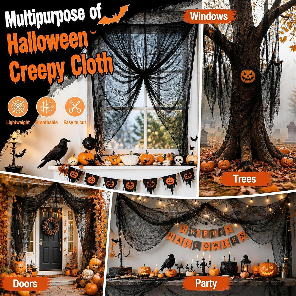 Cyantor 5-Piece Black Creepy Cloth 30 x 72 in, Halloween Decor 5