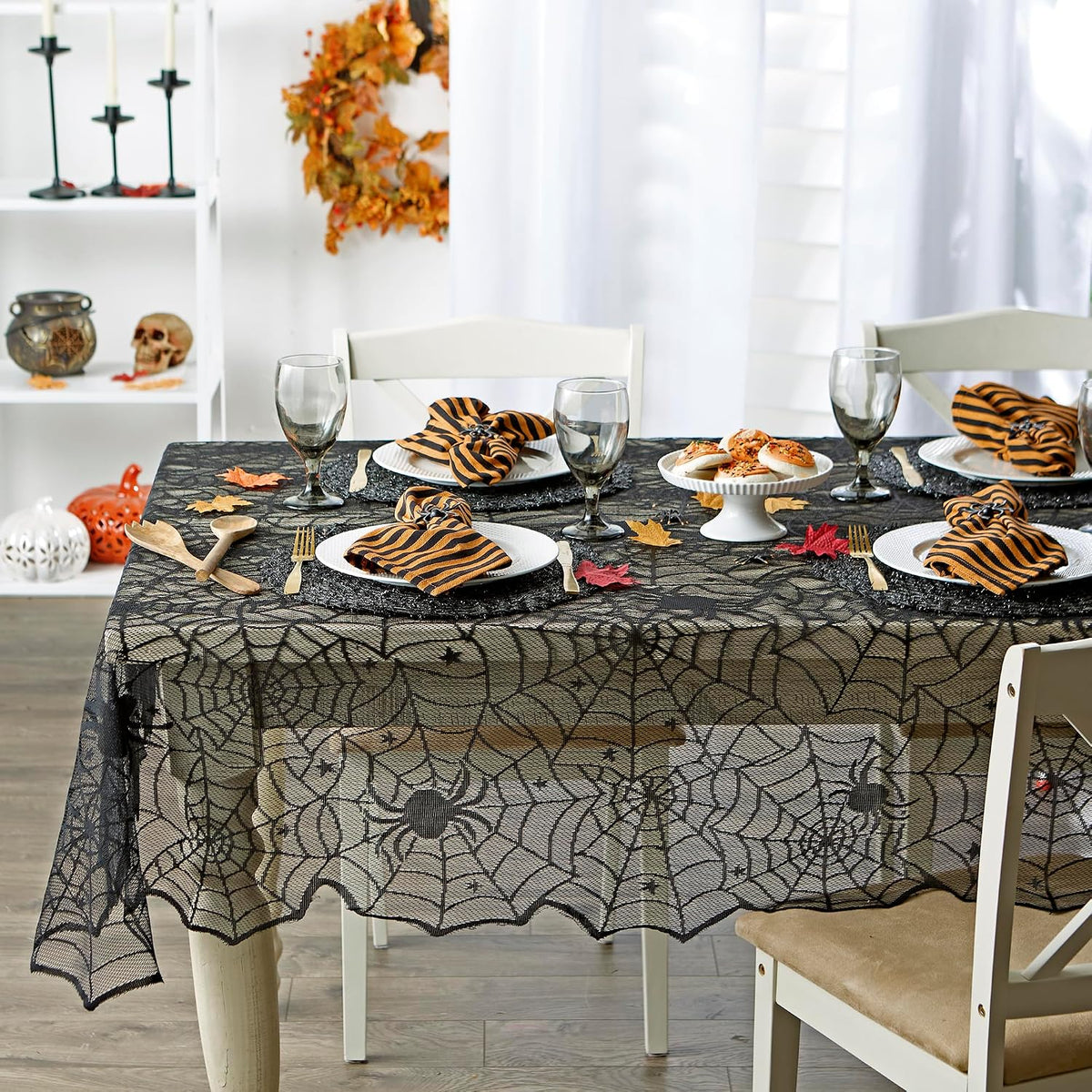 DII Black Spider Web Lace Tablecloth 54 x 72 in, Gothic Halloween 3